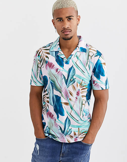 Only & Sons revere collar palm print t-shirt in pink | ASOS