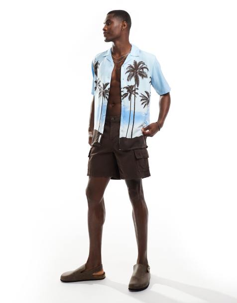 ONLY & SONS revere collar regular fit shirt with retro palm print in light blue - view 1