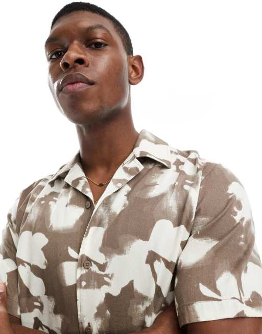 ONLY & SONS revere collar shirt with blurred floral print in brown, 3 of 4