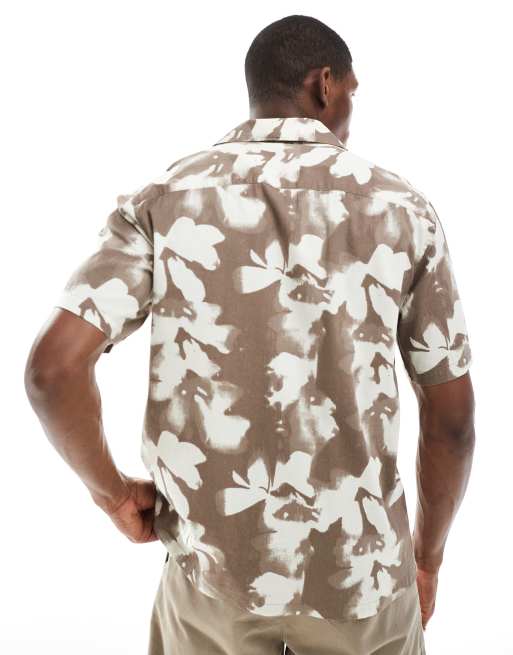 ONLY & SONS revere collar shirt with blurred floral print in brown