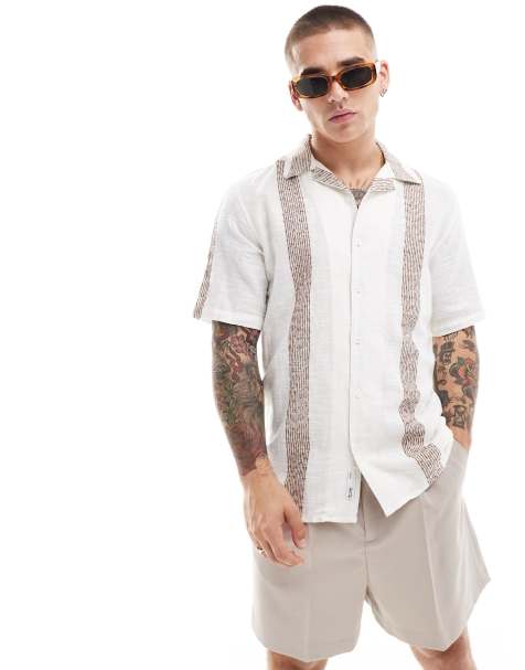 ONLY & SONS revere collar shirt with boucle stripe in cream - view 1