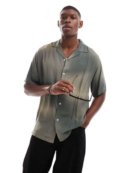 ONLY & SONS revere collar shirt with distorted print in green - view 1