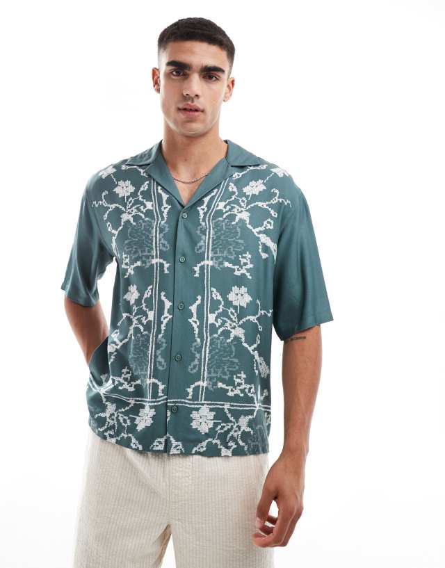 ONLY & SONS - revere collar shirt with floral boarder print in teal