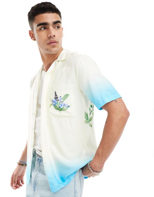 ONLY & SONS revere collar shirt with floral print in blue ombre