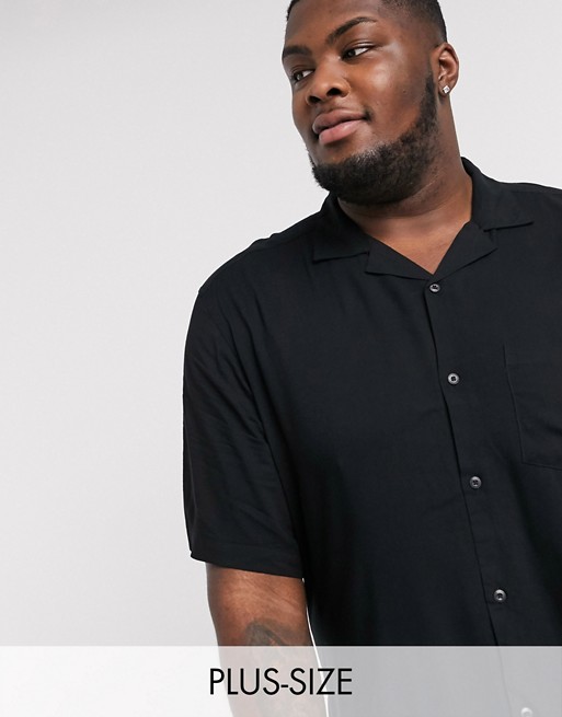 Only & Sons Plus revere collar short sleeve viscose shirt in black