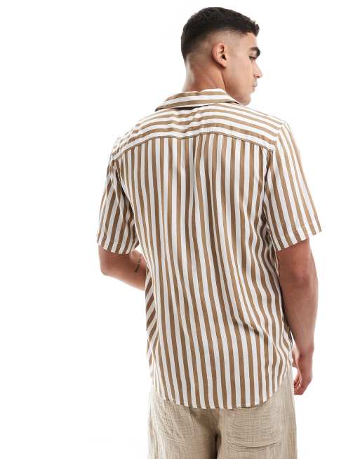 ONLY & SONS revere collar stripe shirt in beige