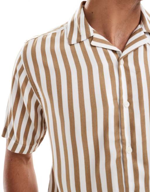 ONLY & SONS revere collar stripe shirt in beige, 3 of 4