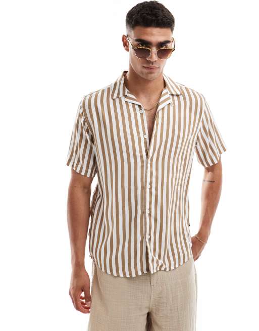 ONLY & SONS revere collar stripe shirt in beige