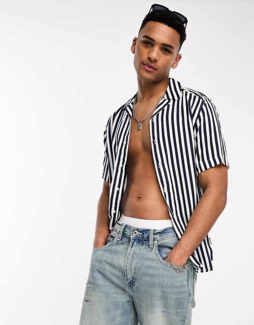 ONLY & SONS revere collar stripe shirt in navy | ASOS