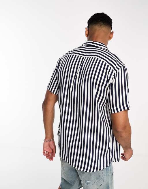 Only & Sons revere collar stripe shirt in navy , 4 of 4