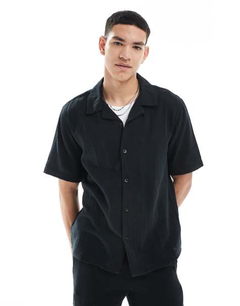 ONLY & SONS revere collar texture shirt co-ord in black
