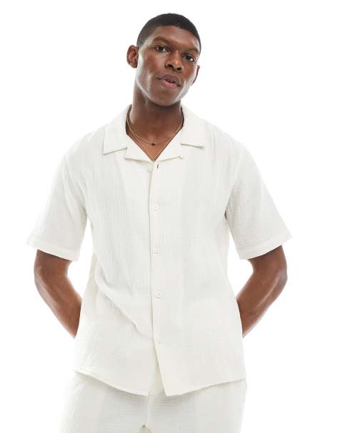 ONLY & SONS revere collar texture shirt co-ord in cream