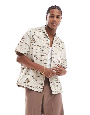 Only & Sons Revere Collar Twill Shirt With Tiger Camo Print In Beige-brown