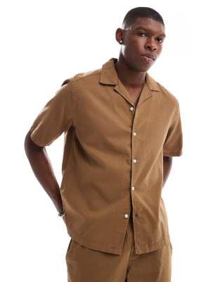 ONLY & SONS revere collar waffle texture shirt co-ord in chocolate brown