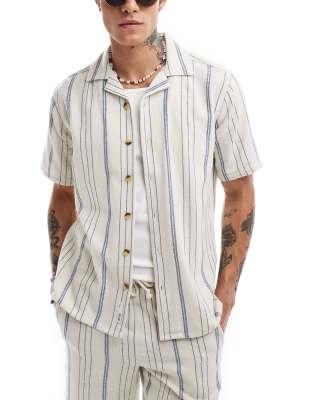 ONLY & SONS revere collar woven shirt co-ord in beige & blue stripe