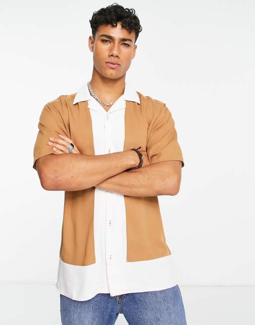 Only & Sons revere shirt in color block print in beige
