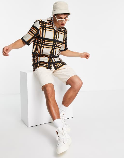 Only & Sons revere shirt with check print in beige and orange