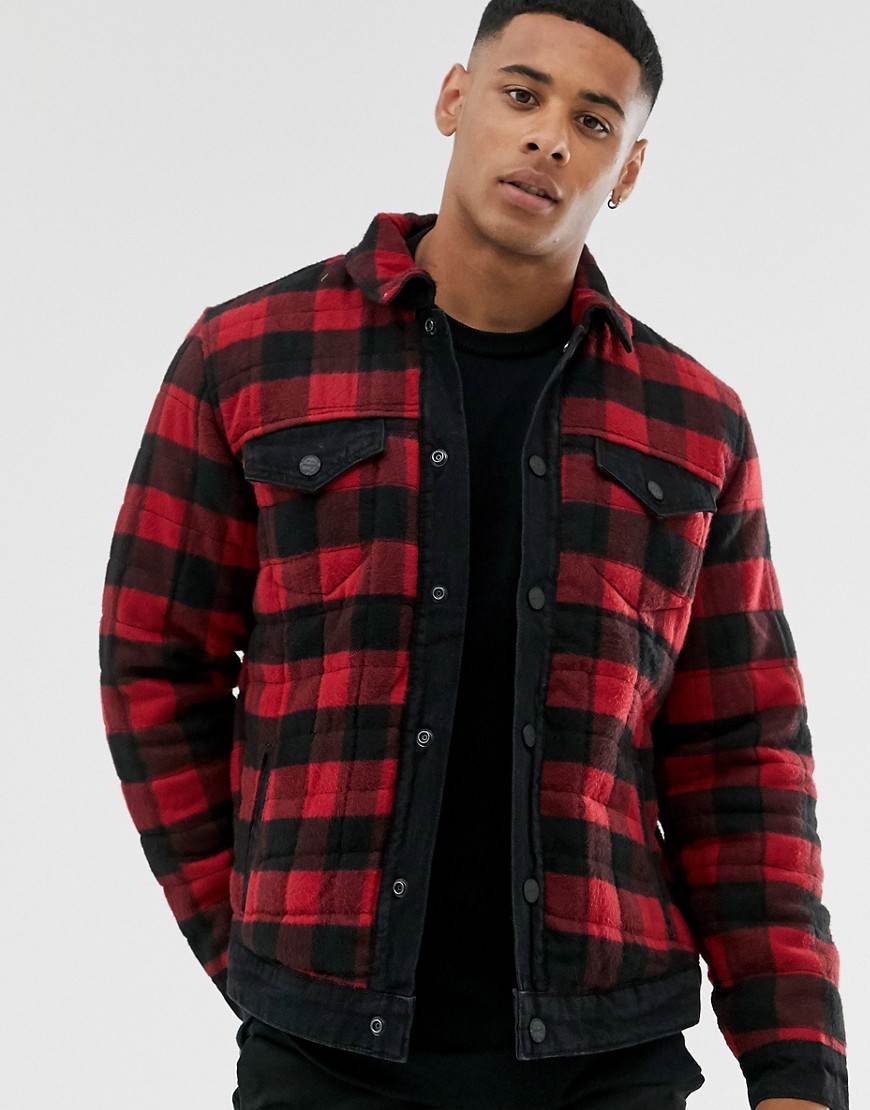 Only & Sons reversible denim jacket with brushed red check reverse-Black