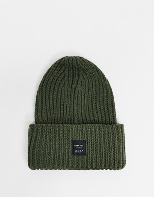 Only & Sons ribbed beanie in khaki