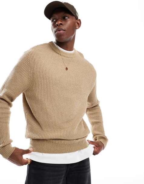 ONLY & SONS ribbed crew neck jumper in beige - view 1