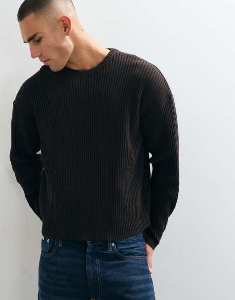 ONLY & SONS ribbed crew neck jumper in dark brown - view 1