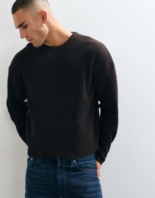 ONLY & SONS ribbed crew neck sweater in dark brown, 2 of 5