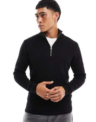 ONLY & SONS ONLY & SONS ribbed half zip jumper in black