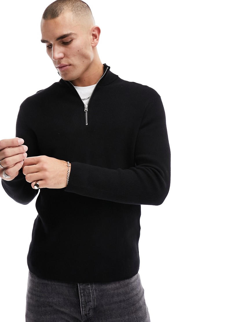 ONLY & SONS ribbed half zip jumper in black