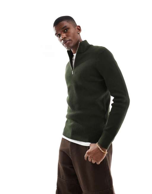 ONLY & SONS ribbed half zip jumper in dark green, 2 of 4