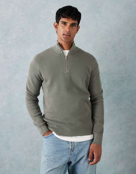 ONLY & SONS ribbed half zip jumper in green grey - view 1