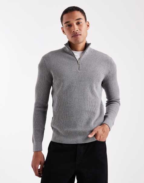 ONLY & SONS ribbed half zip jumper in grey - view 1