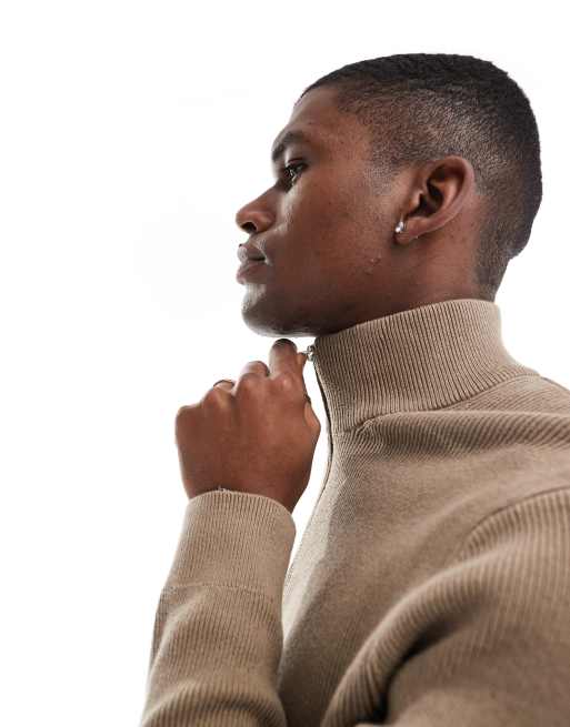 ONLY & SONS ribbed half zip jumper in light brown | ASOS