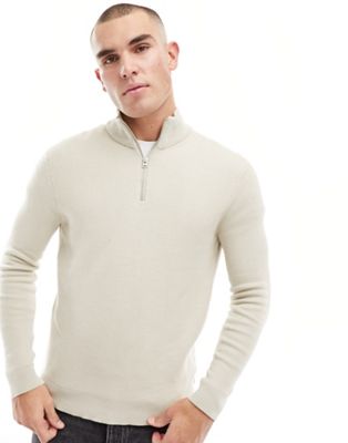 ONLY & SONS ribbed half zip jumper in stone