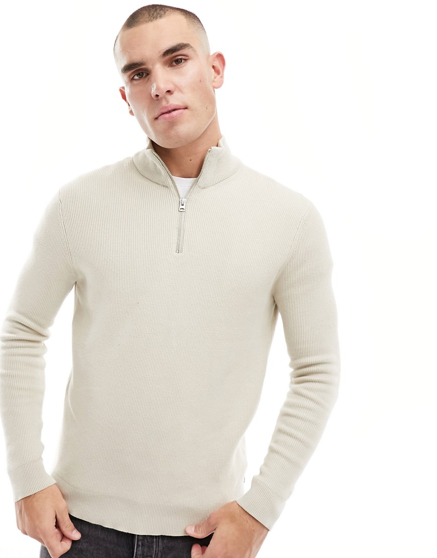 ONLY & SONS ribbed half zip jumper in stone-Neutral