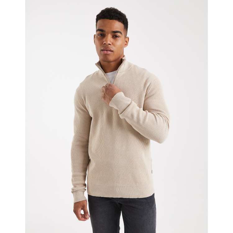 ONLY & SONS ribbed half zip jumper in stone | ASOS