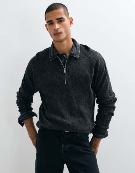ONLY & SONS ribbed half zip polo in washed black - view 1