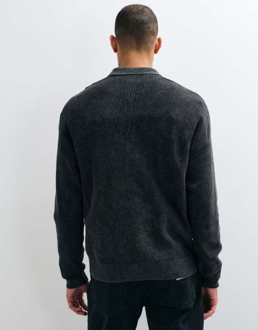 ONLY & SONS ribbed half zip polo in washed black, 2 of 5