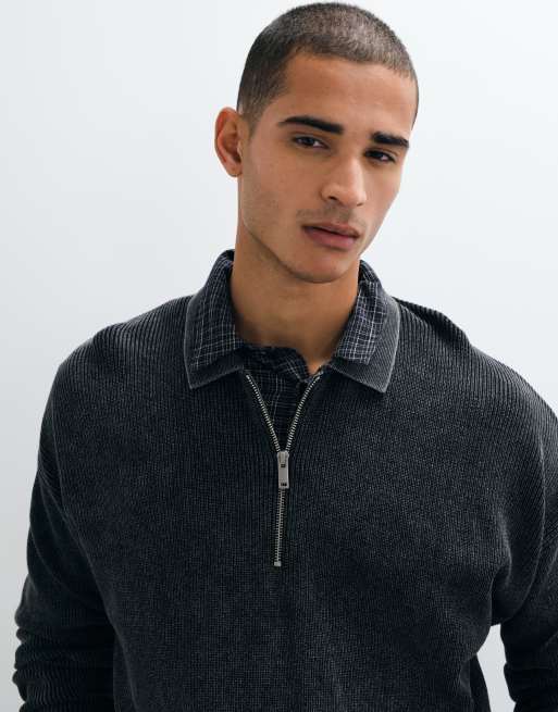 ONLY & SONS ribbed half zip polo in washed black, 3 of 5