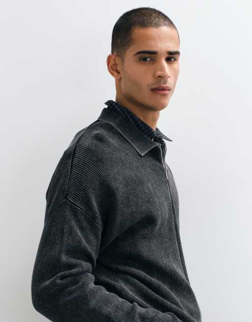 ONLY & SONS ribbed half zip polo in washed black, 5 of 5