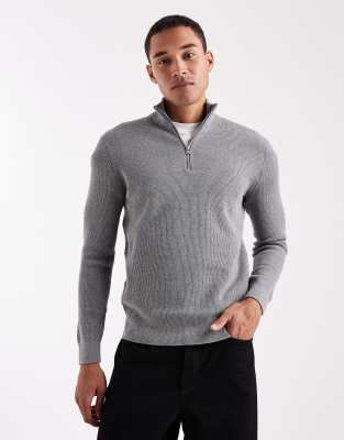 Only & Sons Ribbed Half Zip Sweater In Gray