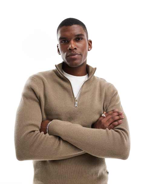 ONLY & SONS ribbed half zip sweater in light brown - view 1