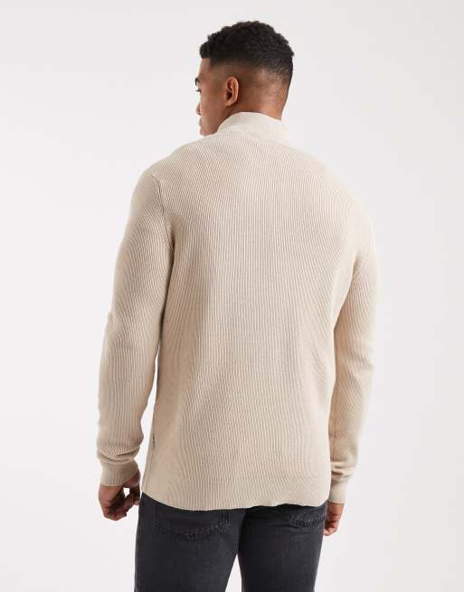 ONLY & SONS ribbed half zip sweater in stone, 3 of 5