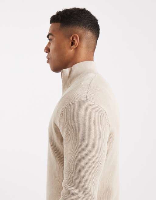 ONLY & SONS ribbed half zip sweater in stone | ASOS