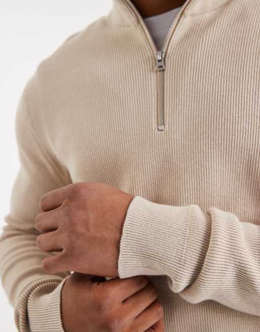 ONLY & SONS ribbed half zip sweater in stone | ASOS