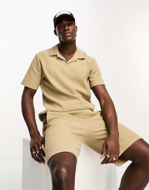 ONLY & SONS ribbed oversized polo set in beige - view 1
