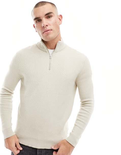 Only & Sons - Ribstrikket trøje med lynlås i halsen i beige - view 1