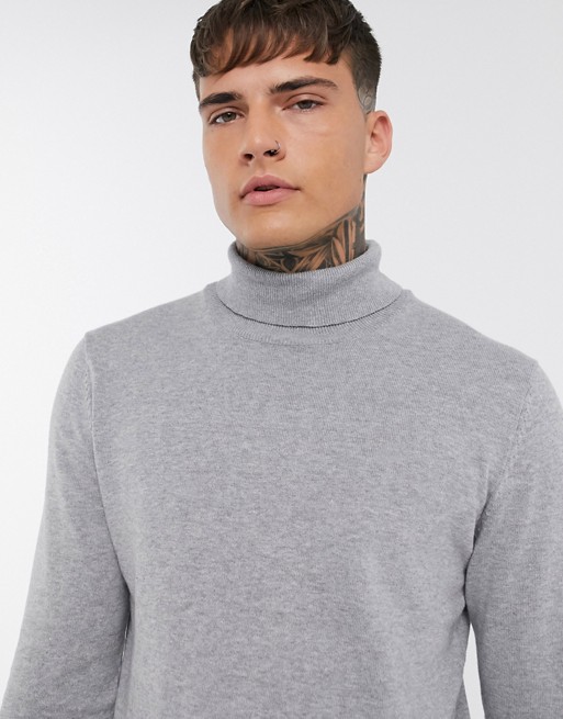 Only & Sons roll neck knitted jumper in grey