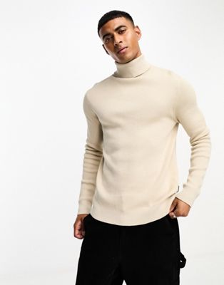 ONLY & SONS roll neck ribbed jumper in beige