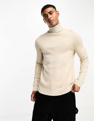 ONLY & SONS roll neck ribbed jumper in beige-Neutral
