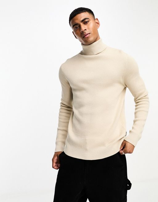 ONLY & SONS roll neck ribbed jumper in beige | ASOS